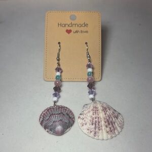 Handmade Shell Earrings with Purple and White Beads